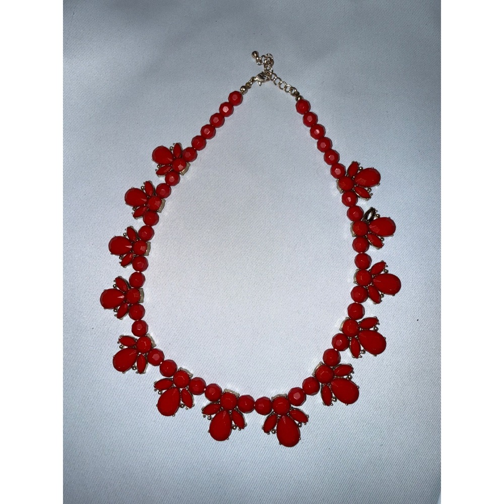 Red Floral Statement Necklace Gold Tone Bib Resin Bead Cluster Adjustable 18in